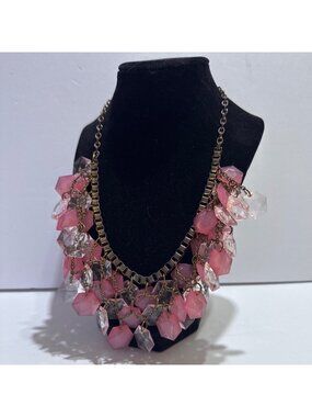 Pink & Clear Geometric Beaded Statement Necklace 17–20 Inch Adjustable Chain